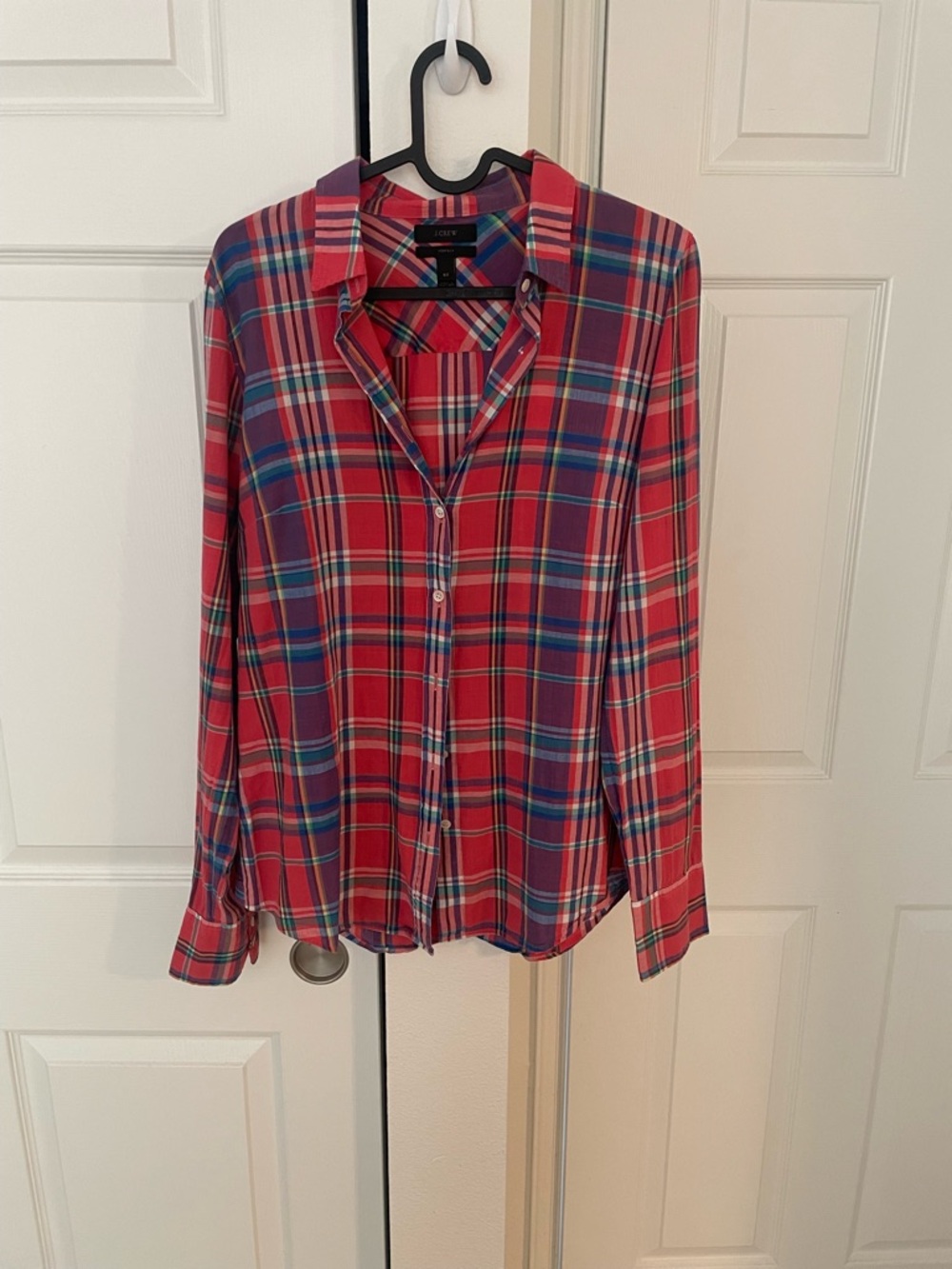 J. Crew Coral and Blue Plaid Button-Down Shirt